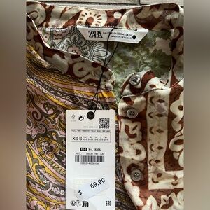Zara Paisley Sheer Button-Up Shirt in Brown and Pink NWT Size XS/S
